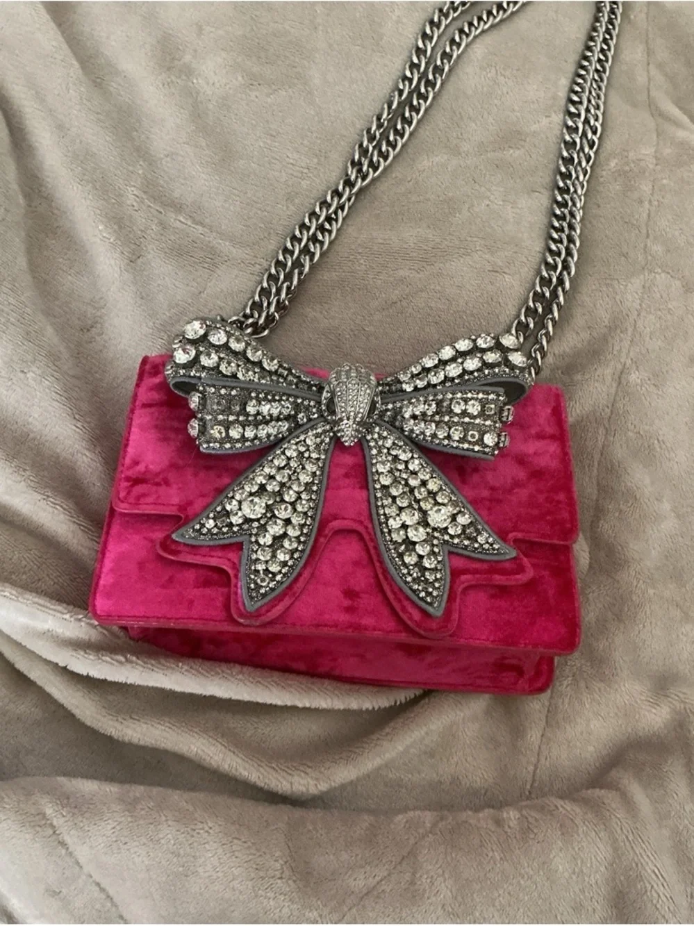 Kurt Geiger Hot Pink Velvet Crossbody with Crystal Bow